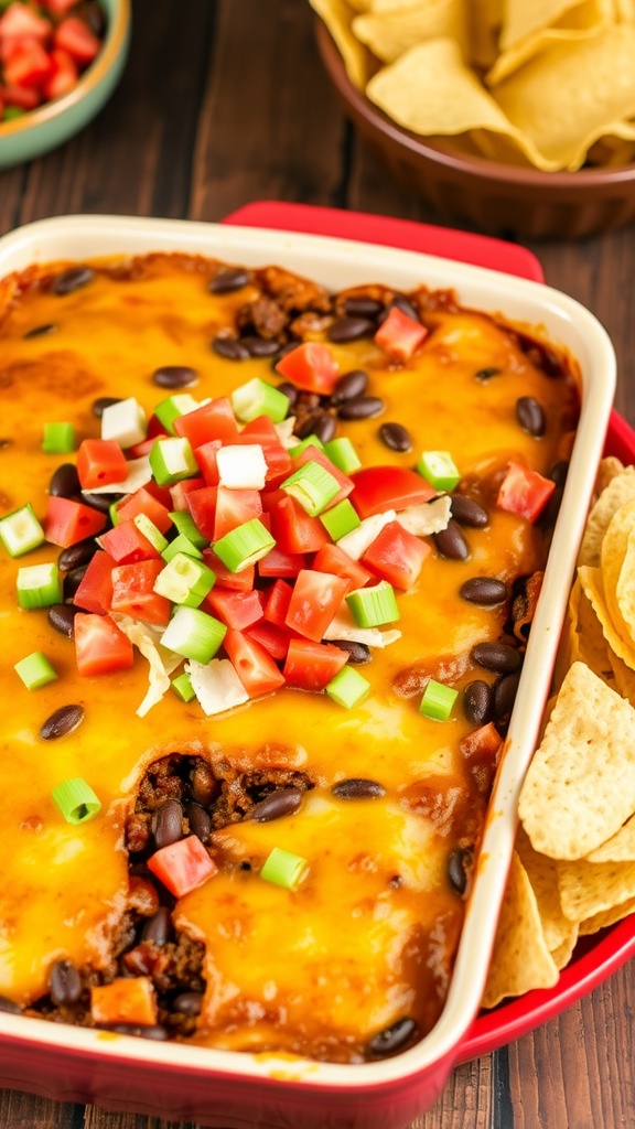 A vibrant 7 Layer Taco Bake with layers of beef, beans, cheese, and fresh toppings, served with tortilla chips.